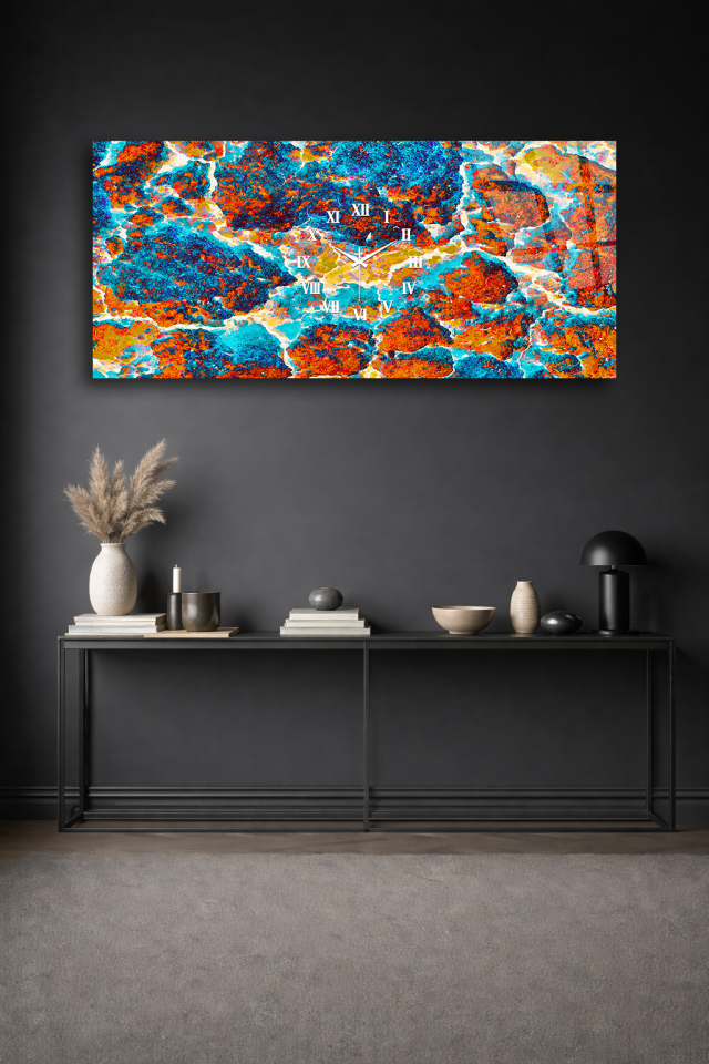 KIRILMAZ CAM DUVAR SAATİ , HEM TABLO HEM SAAT RENKLİ SOYUT TAŞ DOKU TASARIM EV OFİS HEDİYESİ