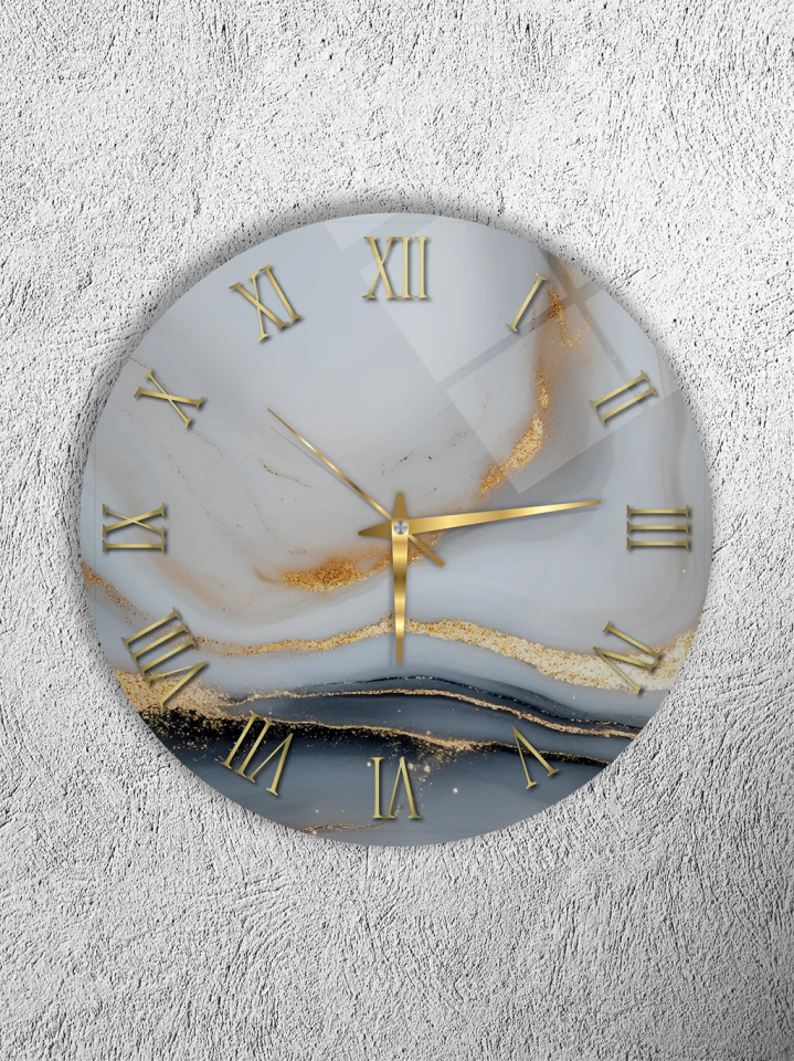 KIRILMAZ CAM DUVAR SAATİ, HEM TABLO HEM SAAT GRİ ALTIN DAMARLI MERMER DESENLİ EV OFİS HEDİYESİ