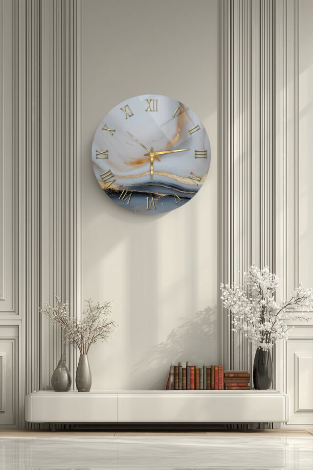 KIRILMAZ CAM DUVAR SAATİ, HEM TABLO HEM SAAT GRİ ALTIN DAMARLI MERMER DESENLİ EV OFİS HEDİYESİ