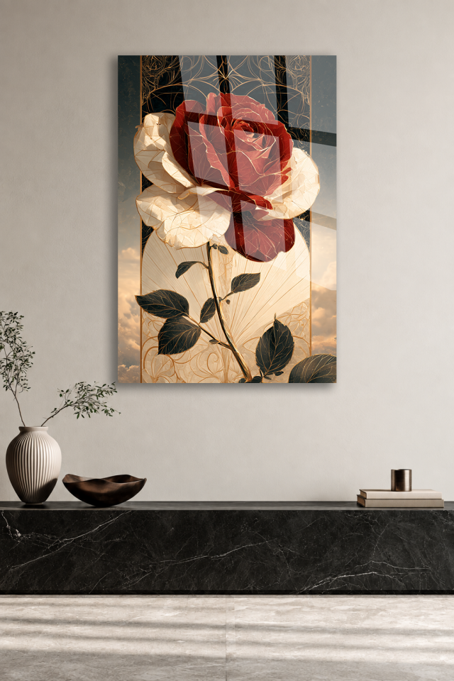 KIRMIZI GÜL VE ALTIN YAPRAK DESENLİ DEKORATİF CAM TABLO EV OFİS HEDİYESİ