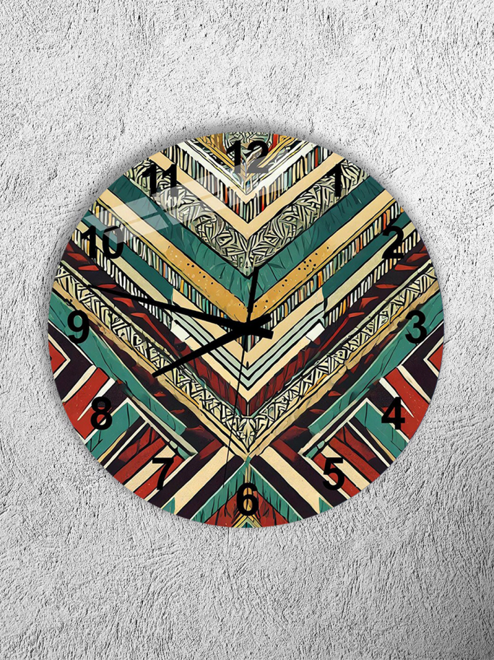 KIRILMAZ CAM DUVAR SAATİ, HEM TABLO HEM SAAT ETNİK GEOMETRİK DESEN SANATSAL TASARIM EV OFİS HEDİYESİ