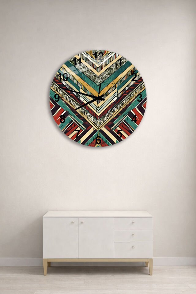 KIRILMAZ CAM DUVAR SAATİ, HEM TABLO HEM SAAT ETNİK GEOMETRİK DESEN SANATSAL TASARIM EV OFİS HEDİYESİ