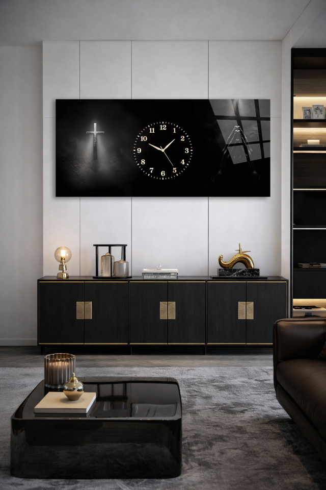 KIRILMAZ CAM DUVAR SAATİ , HEM TABLO HEM SAAT HAÇ VE SİYAH FONLU MİNİMAL TASARIM EV OFİS HEDİYESİ