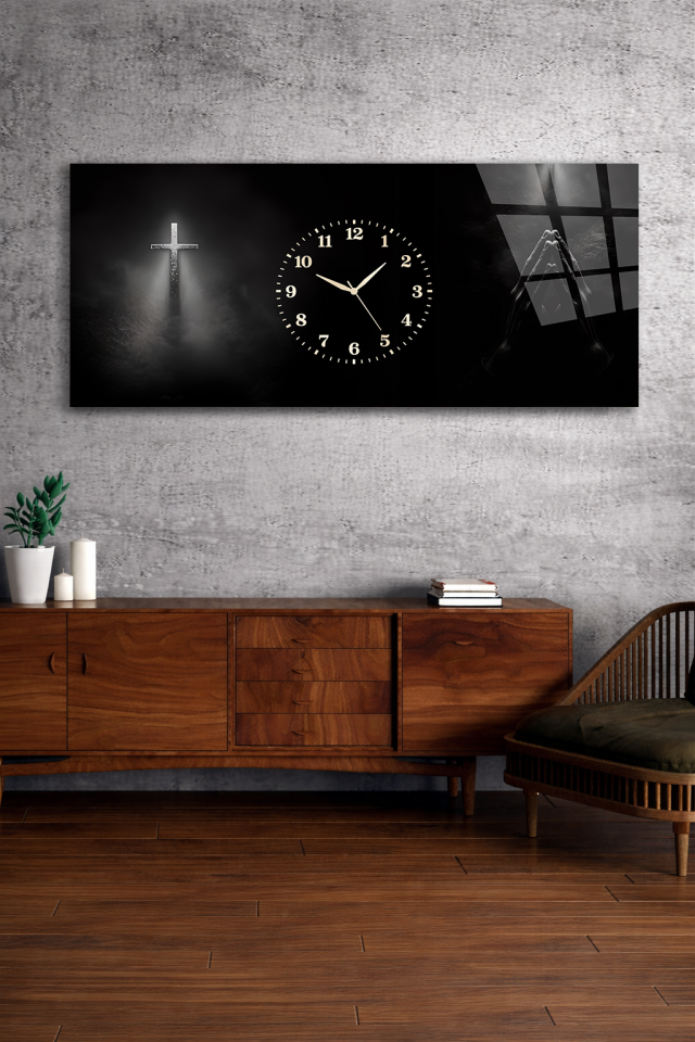 KIRILMAZ CAM DUVAR SAATİ , HEM TABLO HEM SAAT HAÇ VE SİYAH FONLU MİNİMAL TASARIM EV OFİS HEDİYESİ