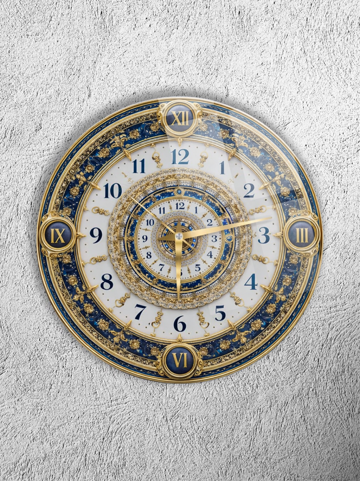 KIRILMAZ CAM DUVAR SAATİ, HEM TABLO HEM SAAT MAVİ GOLD KLASİK OSMANLI DESENLİ LÜKS TASARIM EV OFİS HEDİYESİ