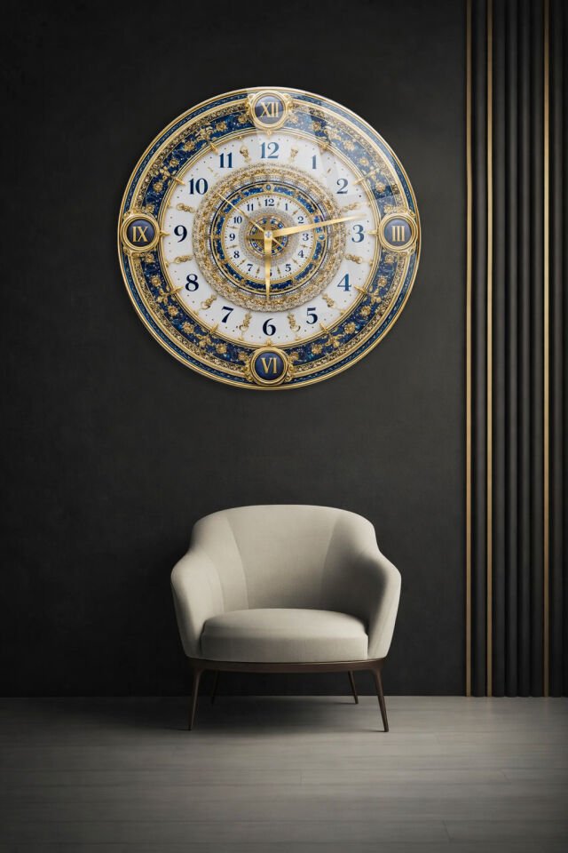 KIRILMAZ CAM DUVAR SAATİ, HEM TABLO HEM SAAT MAVİ GOLD KLASİK OSMANLI DESENLİ LÜKS TASARIM EV OFİS HEDİYESİ