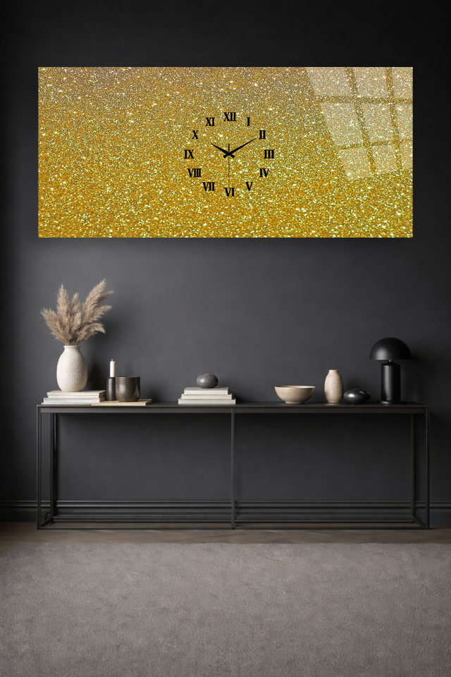 KIRILMAZ CAM DUVAR SAATİ , HEM TABLO HEM SAAT ALTIN SİMLİ LÜKS TASARIM EV OFİS HEDİYESİ