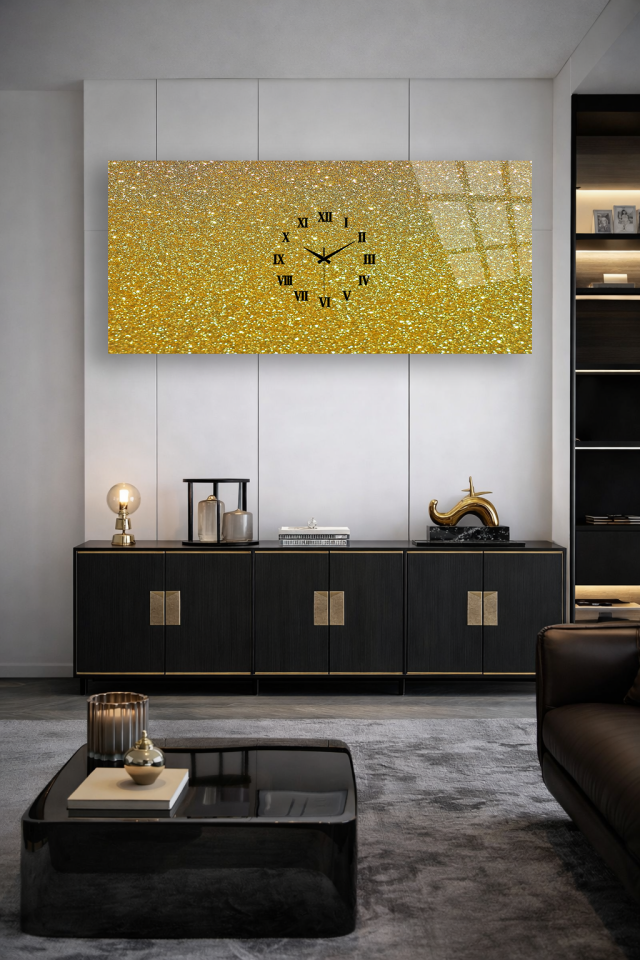 KIRILMAZ CAM DUVAR SAATİ , HEM TABLO HEM SAAT ALTIN SİMLİ LÜKS TASARIM EV OFİS HEDİYESİ