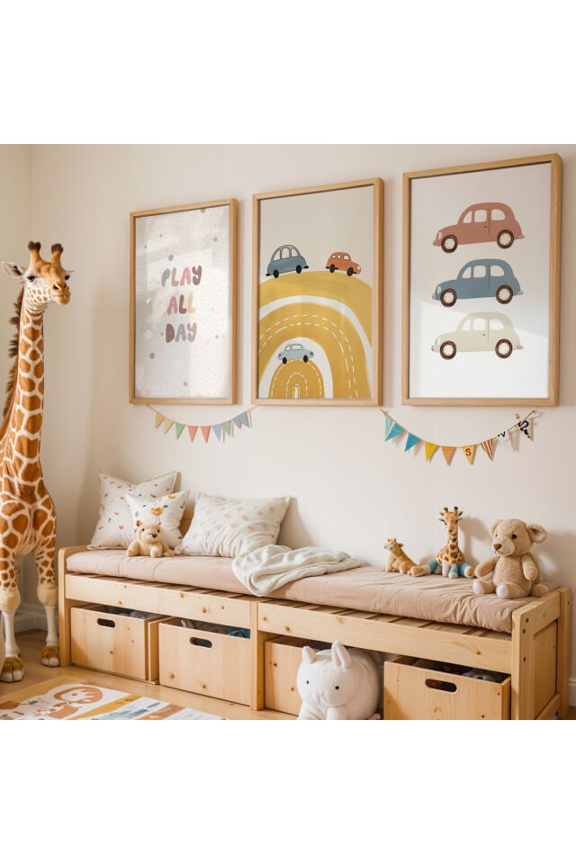 DOĞAL AHŞAP - Neşeli Arabalar ve Yollar - Doğal Ahşap Çerçeveli Çocuk Odası ve Bebek Odası Tablosu