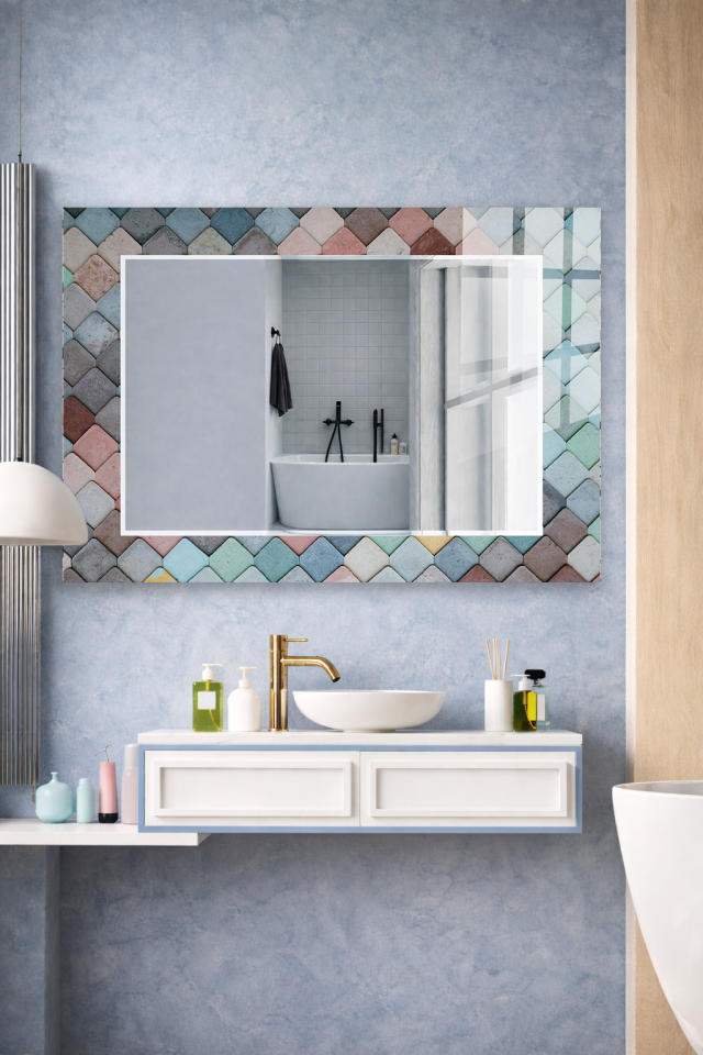 HEM TABLO HEM AYNA PASTEL SERAMİK MOZAİK DESEN CAM DUVAR AYNASI EV DEKORU