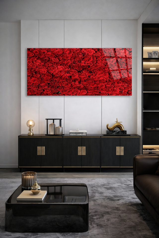 KIRILMAZ CAM DUVAR SAATİ , HEM TABLO HEM SAAT KIRMIZI GÜL DESENLİ ROMANTİK TASARIM EV OFİS HEDİYESİ