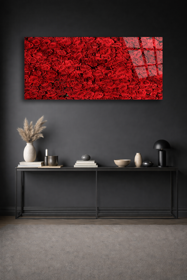 KIRILMAZ CAM DUVAR SAATİ , HEM TABLO HEM SAAT KIRMIZI GÜL DESENLİ ROMANTİK TASARIM EV OFİS HEDİYESİ