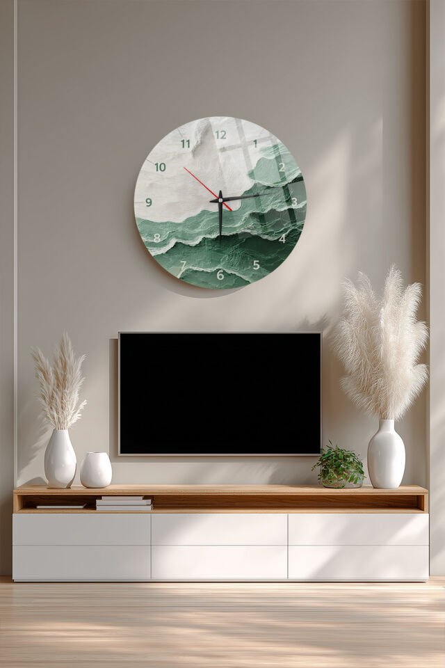 KIRILMAZ CAM DUVAR SAATİ, HEM TABLO HEM SAAT YEŞİL MERMER DOKU MODERN TASARIM EV OFİS HEDİYESİ