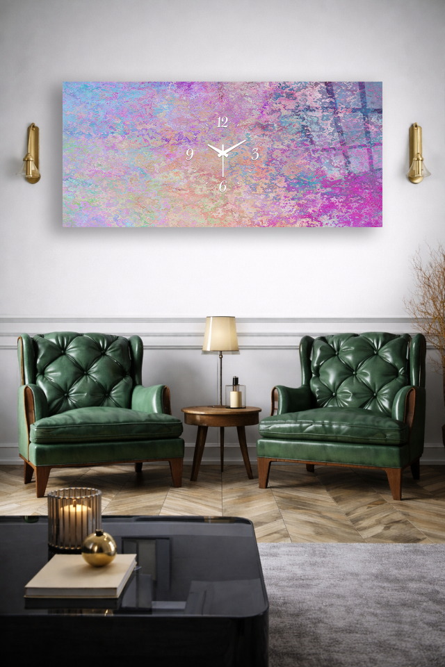 KIRILMAZ CAM DUVAR SAATİ , HEM TABLO HEM SAAT RENKLİ SOYUT DOKU TASARIM EV OFİS HEDİYESİ
