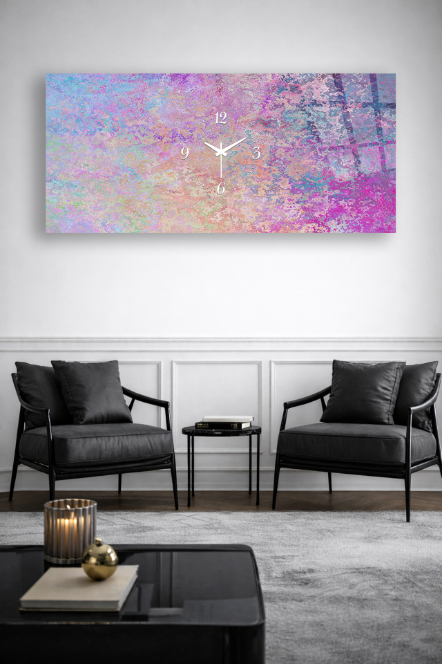 KIRILMAZ CAM DUVAR SAATİ , HEM TABLO HEM SAAT RENKLİ SOYUT DOKU TASARIM EV OFİS HEDİYESİ