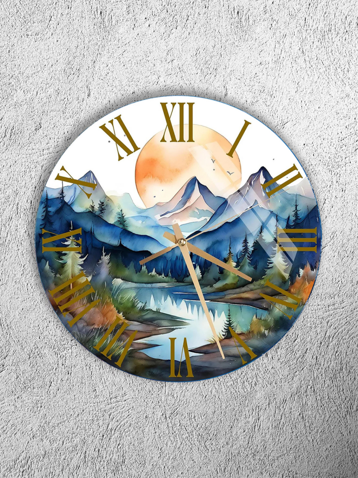 KIRILMAZ CAM DUVAR SAATİ, HEM TABLO HEM SAAT DAĞ GÖL GÜN BATIMI MANZARA SANATI EV OFİS HEDİYESİ