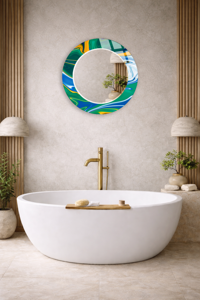 HEM TABLO HEM AYNA YEŞİL SARI AKIŞKAN DESEN CAM DUVAR AYNASI EV DEKORU