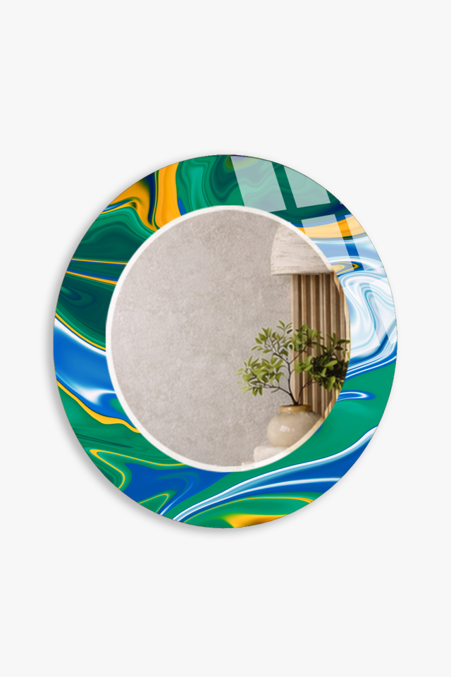 HEM TABLO HEM AYNA YEŞİL SARI AKIŞKAN DESEN CAM DUVAR AYNASI EV DEKORU