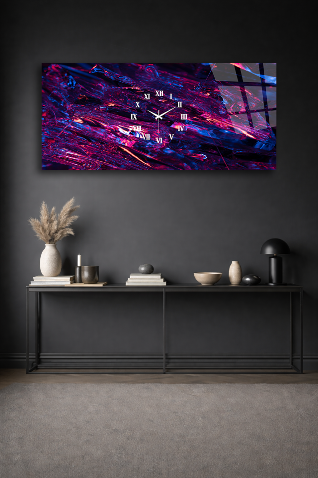 KIRILMAZ CAM DUVAR SAATİ , HEM TABLO HEM SAAT MOR MAVİ SOYUT IŞIK EFEKTLİ TASARIM EV OFİS HEDİYESİ