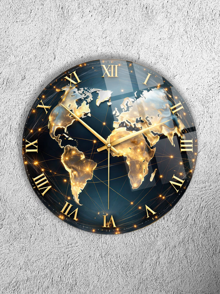 KIRILMAZ CAM DUVAR SAATİ, HEM TABLO HEM SAAT DÜNYA HARİTASI GOLD ROMA RAKAMLI PREMİUM EV OFİS HEDİYESİ