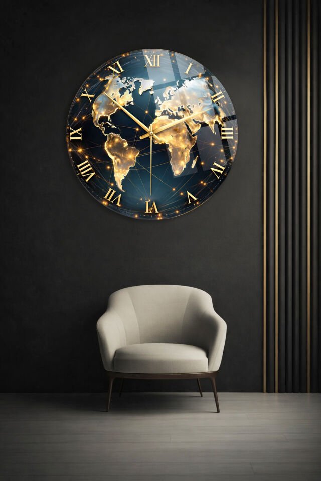 KIRILMAZ CAM DUVAR SAATİ, HEM TABLO HEM SAAT DÜNYA HARİTASI GOLD ROMA RAKAMLI PREMİUM EV OFİS HEDİYESİ