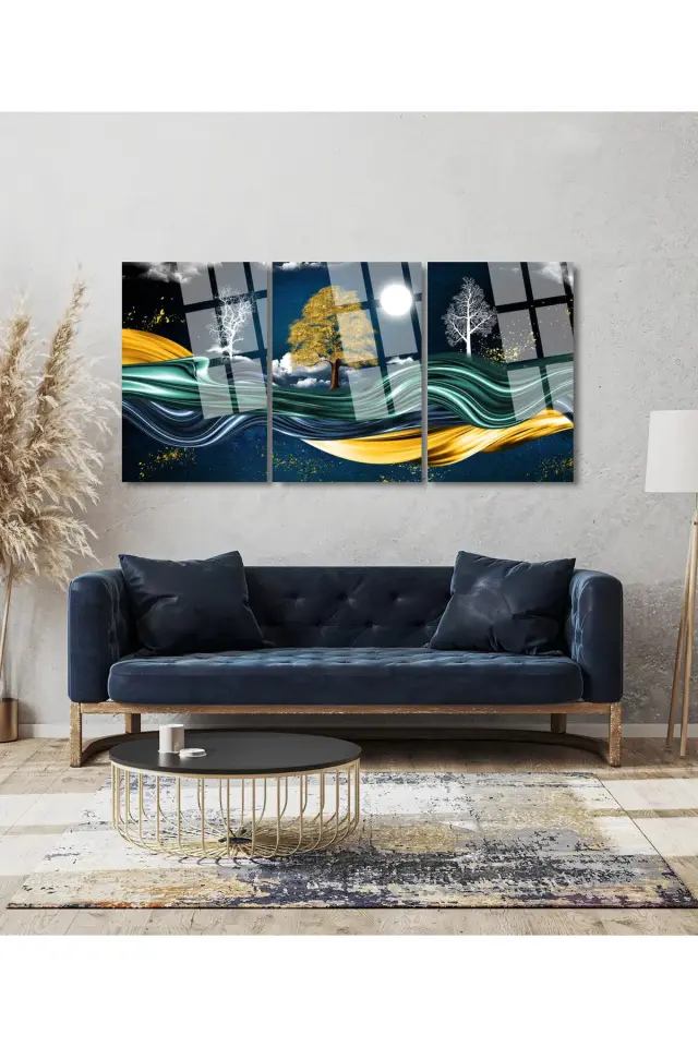 3 LÜ GOLD DETAYLI MANZARALI PARÇALI SET TABLO KIRILMAZ LÜKS CAM TABLO EV HEDİYESİ Lacivert