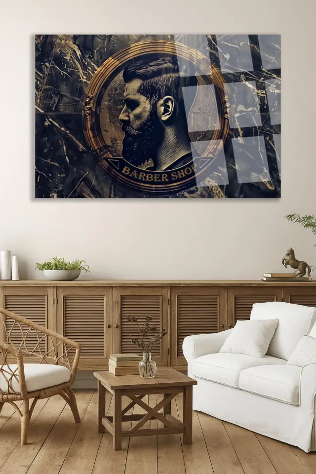 MODERN BERBER TABLOSU ERKEK KUAFÖRÜ KIRILMAZ CAM TABLO LÜKS HEDİYE ULTA CANLI RENKLER Bej