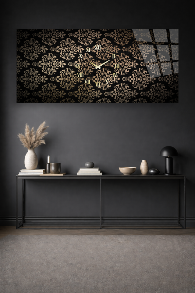 KIRILMAZ CAM DUVAR SAATİ , HEM TABLO HEM SAAT SİYAH GOLD DESEN KLASİK EV OFİS HEDİYESİ