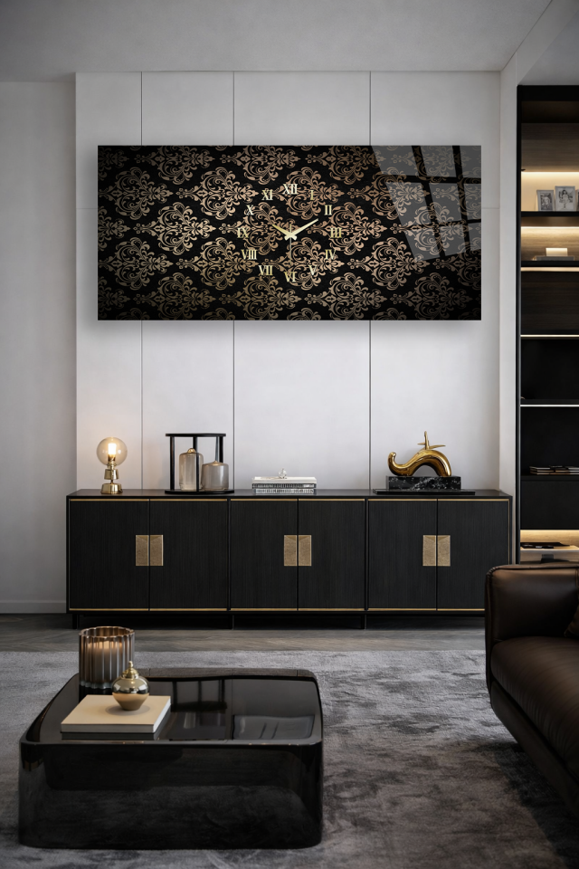 KIRILMAZ CAM DUVAR SAATİ , HEM TABLO HEM SAAT SİYAH GOLD DESEN KLASİK EV OFİS HEDİYESİ