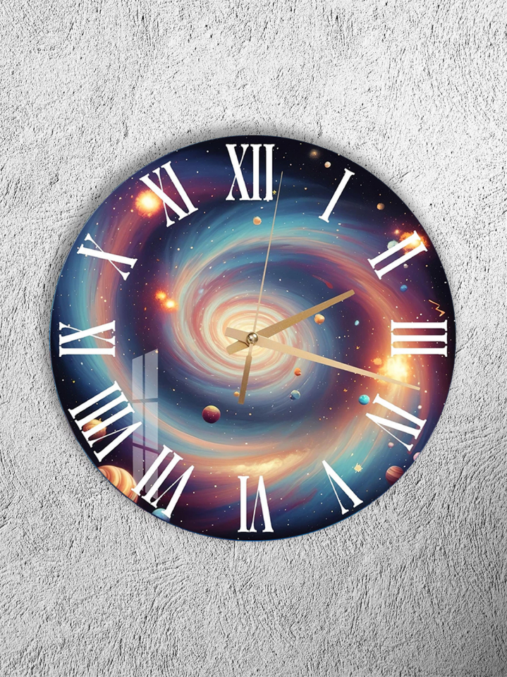 KIRILMAZ CAM DUVAR SAATİ, HEM TABLO HEM SAAT KOZMİK GALAKSİ UZAY TEMASI SANATSAL EV OFİS HEDİYESİ
