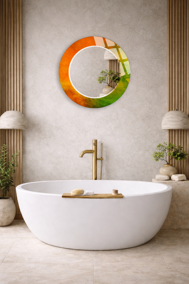 HEM TABLO HEM AYNA TURUNCU MERMER CAM DUVAR AYNASI EV DEKORU