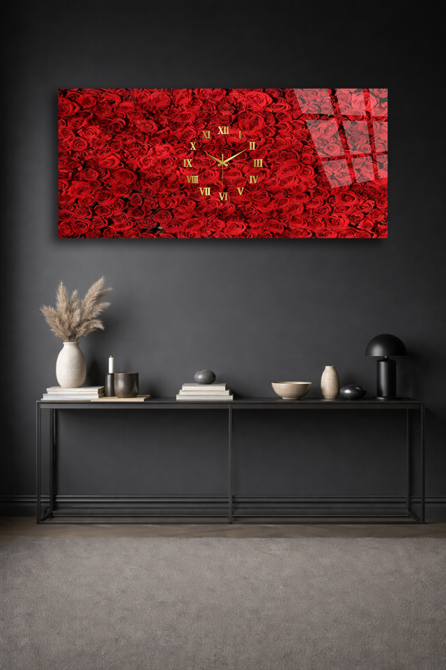 KIRILMAZ CAM DUVAR SAATİ , HEM TABLO HEM SAAT KIRMIZI GÜL DOKULU TASARIM EV OFİS HEDİYESİ