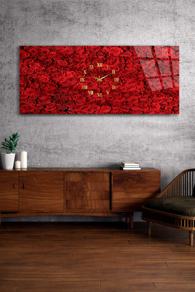 KIRILMAZ CAM DUVAR SAATİ , HEM TABLO HEM SAAT KIRMIZI GÜL DOKULU TASARIM EV OFİS HEDİYESİ