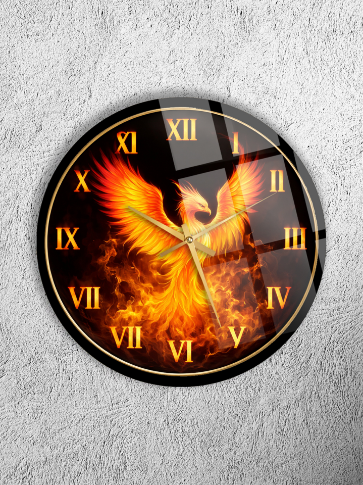 KIRILMAZ CAM DUVAR SAATİ, HEM TABLO HEM SAAT ATEŞ FENİKS KUŞU SİYAH ZEMİN SANATSAL EV OFİS HEDİYESİ