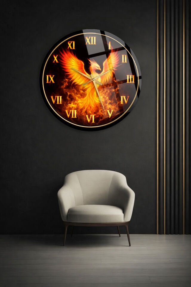 KIRILMAZ CAM DUVAR SAATİ, HEM TABLO HEM SAAT ATEŞ FENİKS KUŞU SİYAH ZEMİN SANATSAL EV OFİS HEDİYESİ