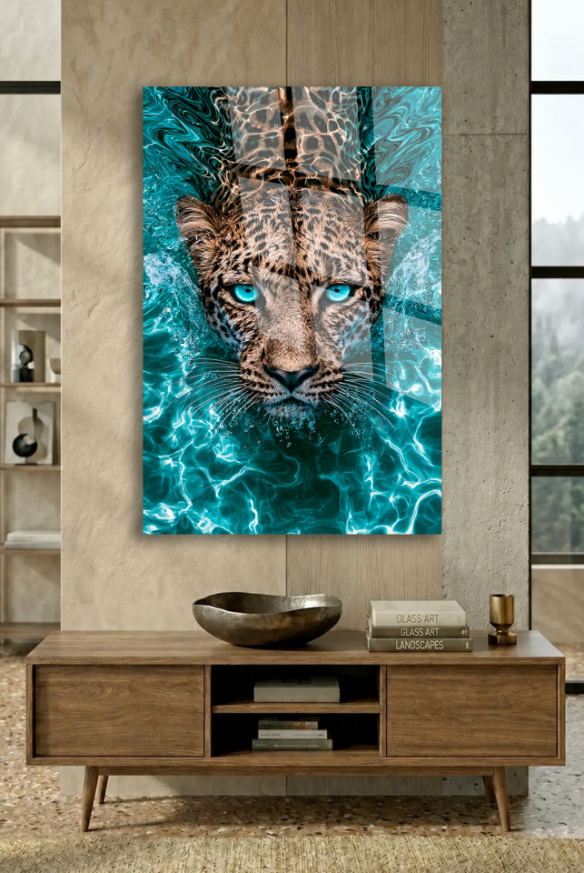 SUDA YÜZEN TURKUAZ GÖZLÜ LEOPAR FİGÜRLÜ CAM TABLO EV OFİS HEDİYESİ