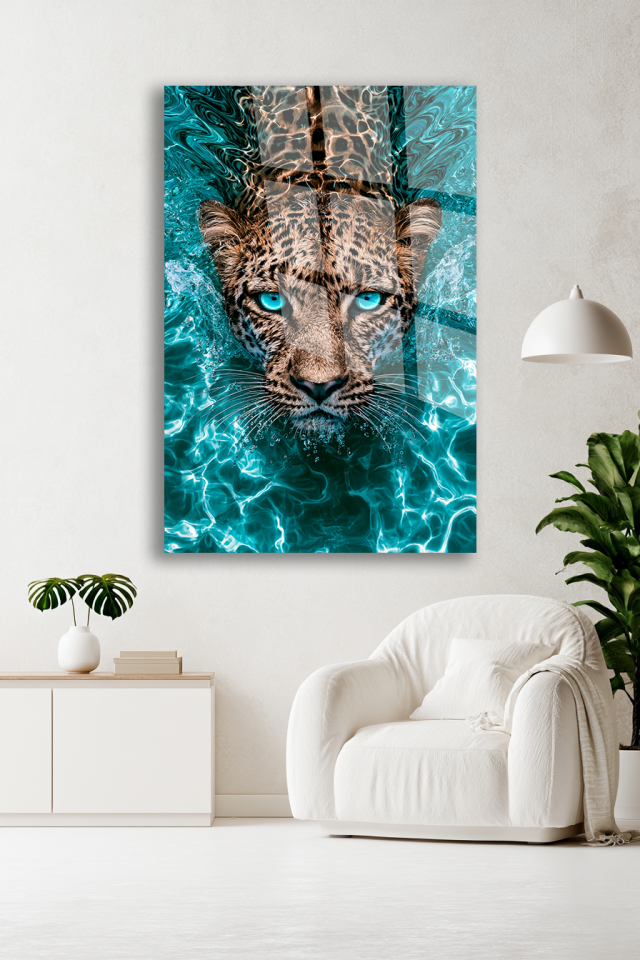 SUDA YÜZEN TURKUAZ GÖZLÜ LEOPAR FİGÜRLÜ CAM TABLO EV OFİS HEDİYESİ