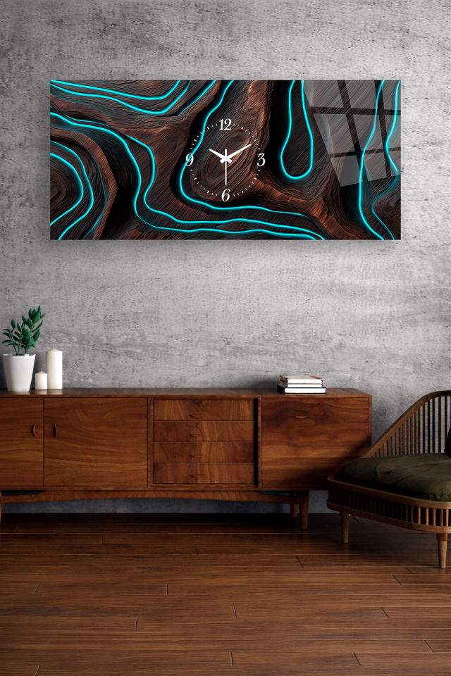 KIRILMAZ CAM DUVAR SAATİ , HEM TABLO HEM SAAT AHŞAP DOKU NEON ÇİZGİ EV OFİS HEDİYESİ