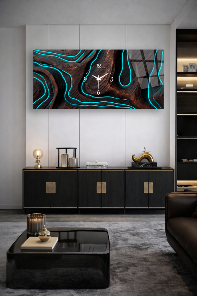 KIRILMAZ CAM DUVAR SAATİ , HEM TABLO HEM SAAT AHŞAP DOKU NEON ÇİZGİ EV OFİS HEDİYESİ