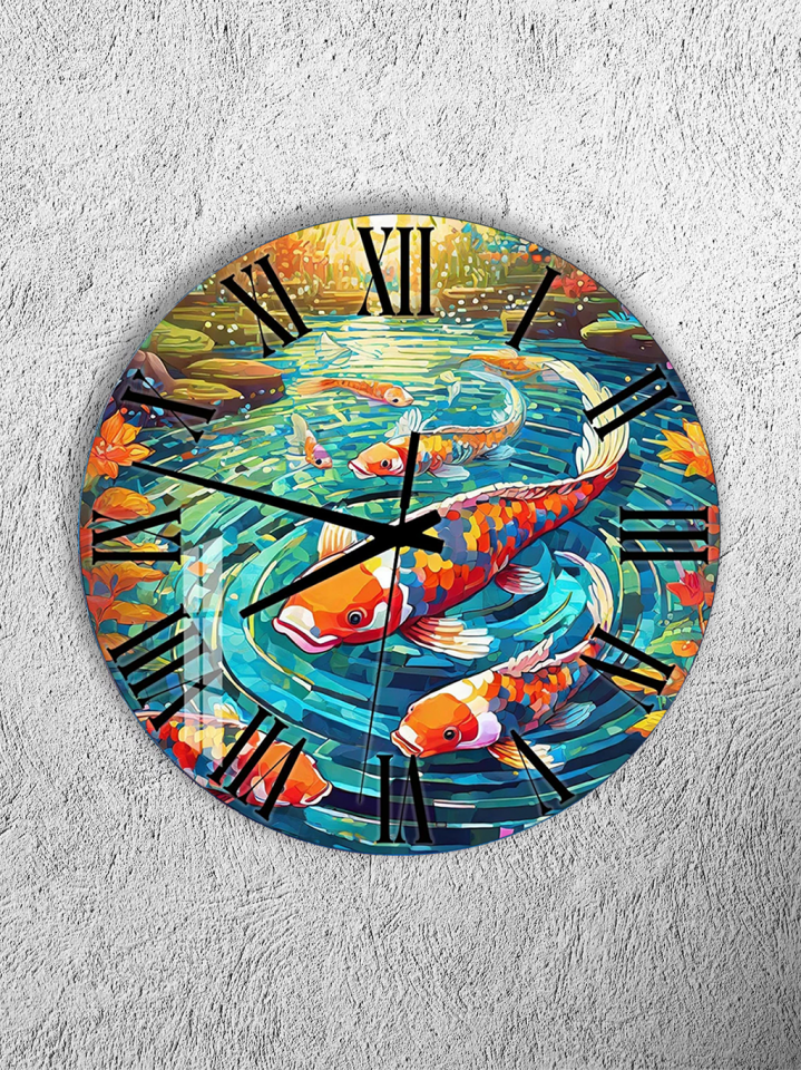 KIRILMAZ CAM DUVAR SAATİ, HEM TABLO HEM SAAT RENKLİ KOİ BALIKLARI JAPON SANATI EV OFİS HEDİYESİ
