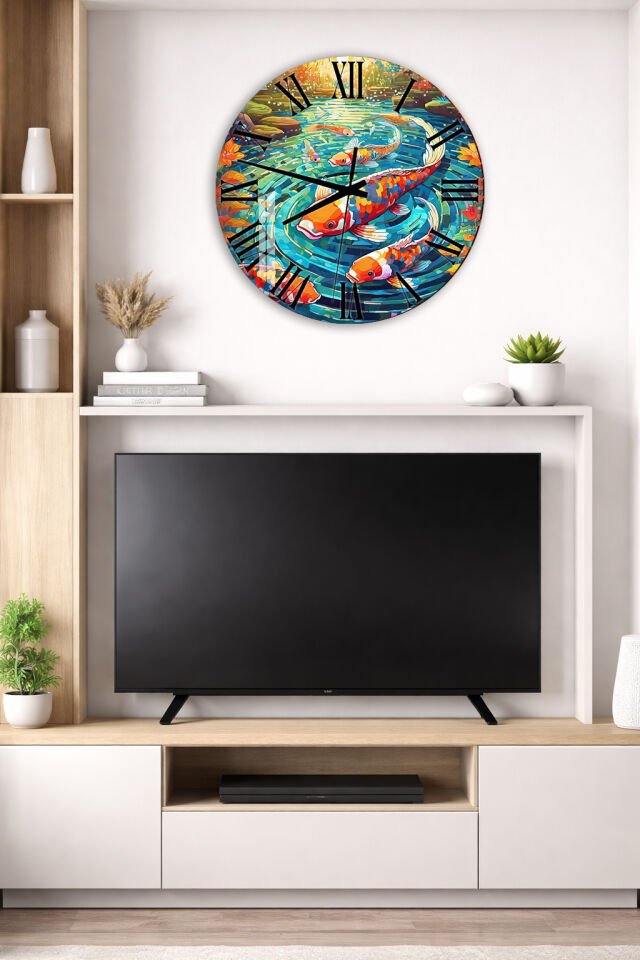KIRILMAZ CAM DUVAR SAATİ, HEM TABLO HEM SAAT RENKLİ KOİ BALIKLARI JAPON SANATI EV OFİS HEDİYESİ