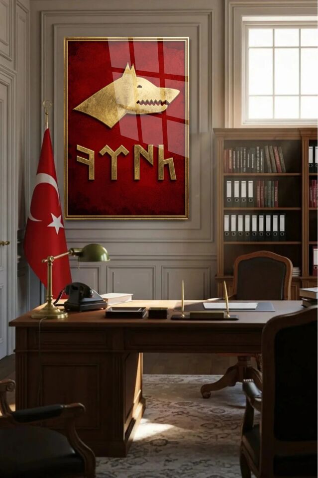 KIRILMAZ CAM TABLO TÜRK DESTANLARINDA BOZKURT SEMBOLÜ KIRMIZI GOLD MİLLİ DUVAR DEKORU