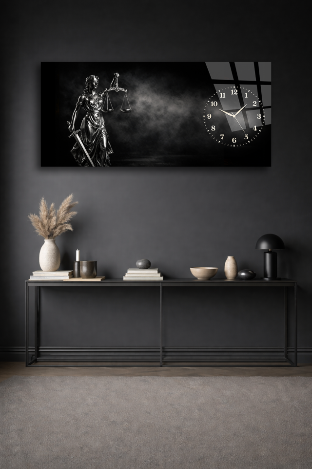 KIRILMAZ CAM DUVAR SAATİ , HEM TABLO HEM SAAT ADALET TERAZİSİ SİYAH TEMALI TASARIM EV OFİS HEDİYESİ