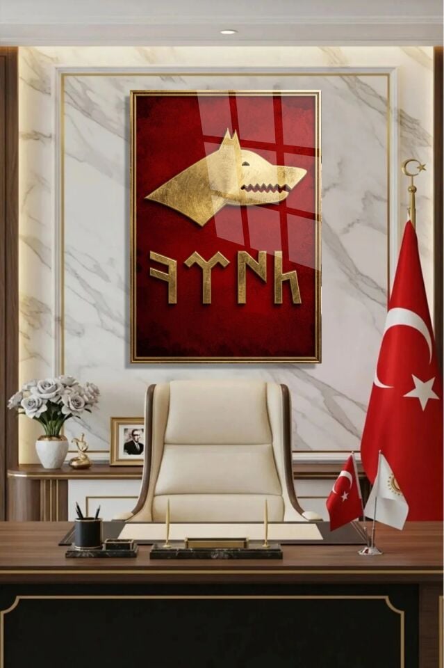 KIRILMAZ CAM TABLO TÜRK DESTANLARINDA BOZKURT SEMBOLÜ KIRMIZI GOLD MİLLİ DUVAR DEKORU