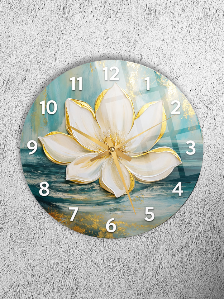 KIRILMAZ CAM DUVAR SAATİ, HEM TABLO HEM SAAT BEYAZ ÇİÇEK GOLD DETAYLI ZARİF TASARIM EV OFİS HEDİYESİ