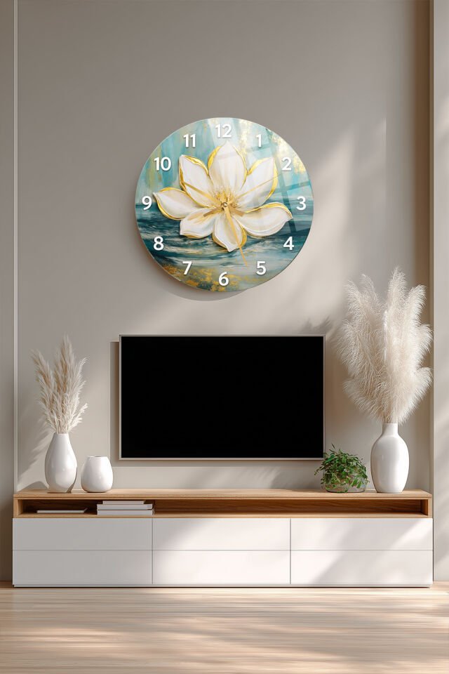 KIRILMAZ CAM DUVAR SAATİ, HEM TABLO HEM SAAT BEYAZ ÇİÇEK GOLD DETAYLI ZARİF TASARIM EV OFİS HEDİYESİ