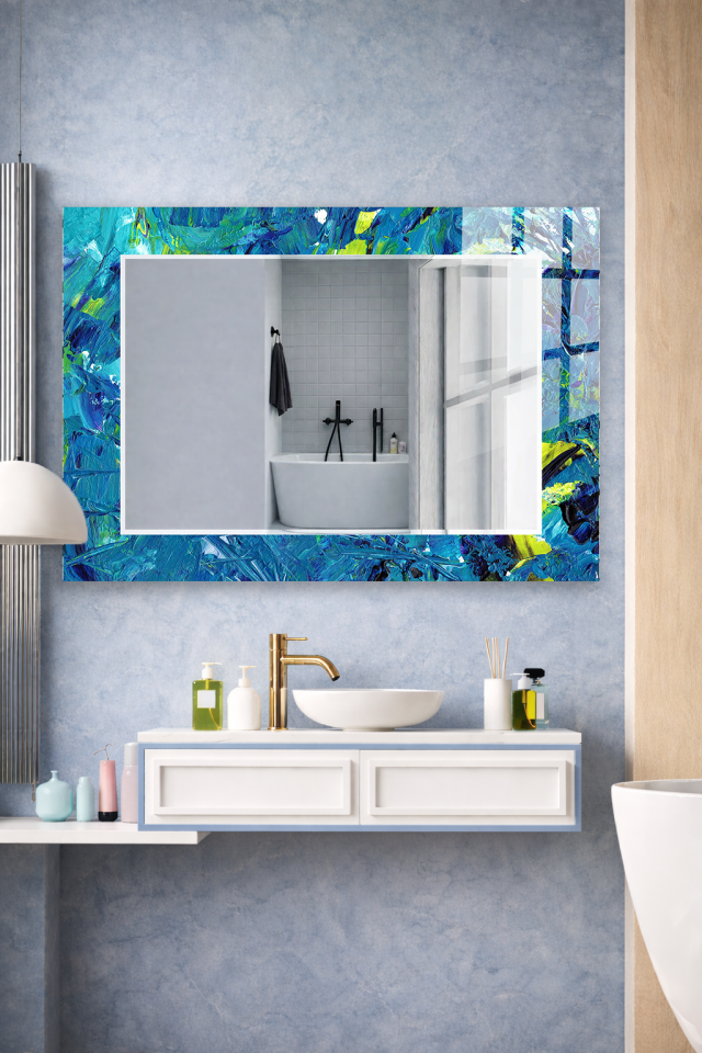 HEM TABLO HEM AYNA MAVİ YEŞİL FIRÇA DARBELİ SANATSAL CAM DUVAR AYNASI EV DEKORU