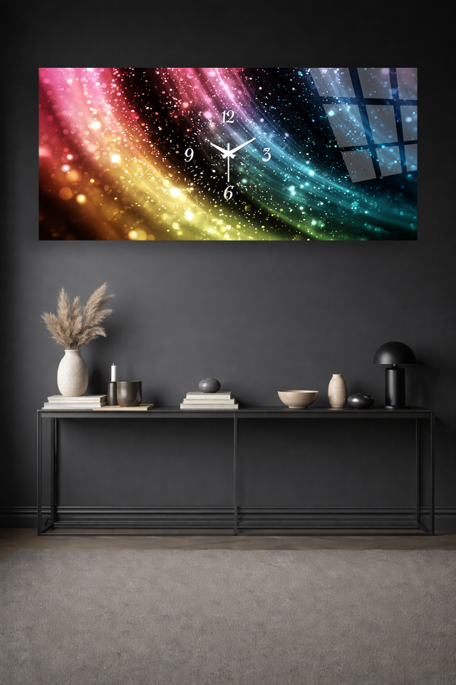KIRILMAZ CAM DUVAR SAATİ , HEM TABLO HEM SAAT RENKLİ IŞIK EFEKTLİ MODERN EV OFİS HEDİYESİ