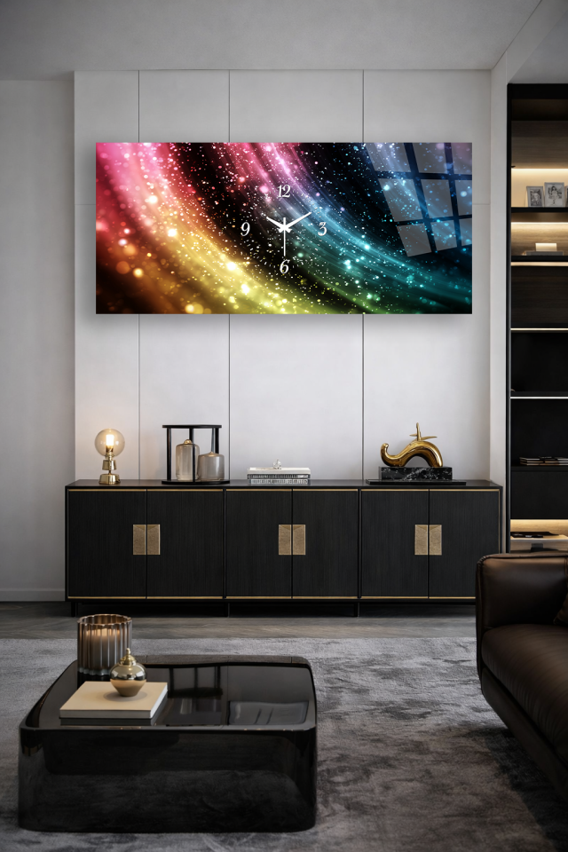 KIRILMAZ CAM DUVAR SAATİ , HEM TABLO HEM SAAT RENKLİ IŞIK EFEKTLİ MODERN EV OFİS HEDİYESİ