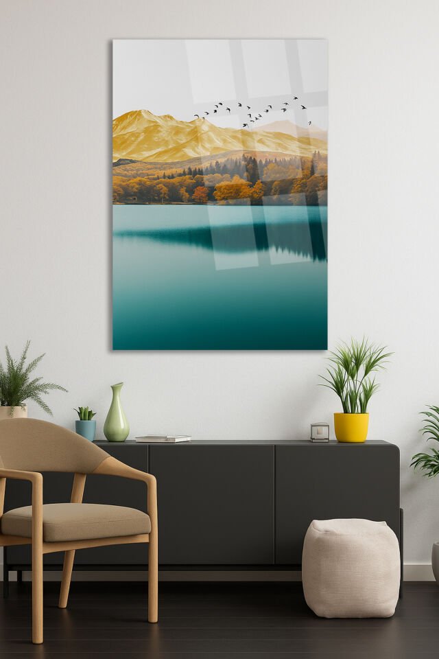 Altın Dağ Dikey Manzara Tablosu Kırılmaz Cam Tablo Modern Tablo Ev Hediyesi Tablo Mavi